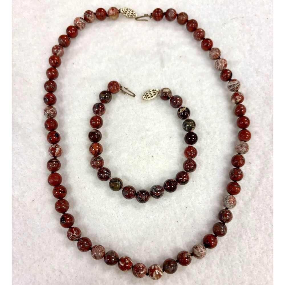 Vintage Red Jasper Hand Knotted Necklace Bracelet Set Gold Filled GF 18” 8”